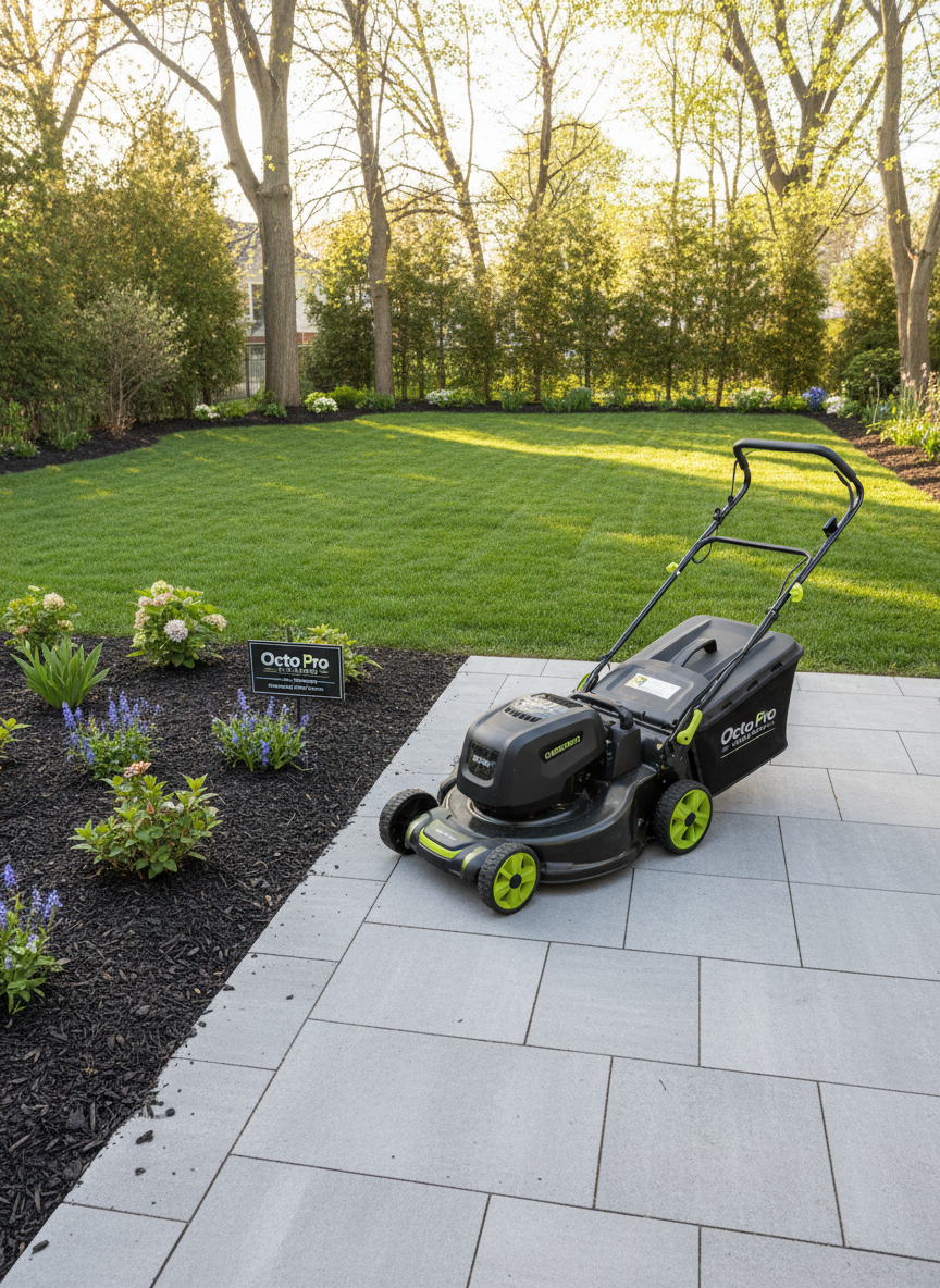 A sunlit residential backyard in late spring, featuring a neatly trimmed, lush green lawn bordered by clean concrete pavers and well-defined garden beds with fresh dark mulch. A compact, professional-grade electric lawn mower with a matte black and lime accent finish is parked precisely parallel to the patio, grass catcher perfectly aligned. The deck is swept spotless, with no clippings or debris. Warm afternoon sunlight filters through partially leafed trees, casting soft dappled shadows across the grass. Photographic realism, slightly elevated wide-angle composition, sharp focus throughout, capturing the entire yard. The mood is orderly and welcoming, showcasing Octo Pro Solutions’ exterior seasonal care for both residential and small commercial properties in and around Montreal.