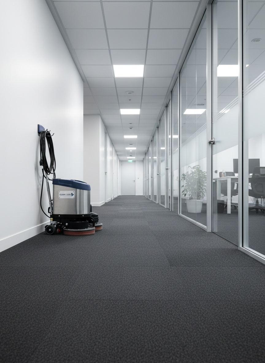 A bright, freshly cleaned office corridor with low-pile charcoal carpet, pristine white walls, and glass office doors, the surfaces all subtly sparkling under cool, even LED panel lighting. A compact professional floor scrubber rests neatly against one wall, its brushed stainless steel and dark blue plastic body spotless, with coiled cables organized on hooks. The reflections in the glass doors are clear but not distracting, hinting at tidy desks and organized workspaces beyond. Photographic realism, captured from a low angle looking down the corridor using the rule of thirds, deep focus emphasizing depth and cleanliness. The atmosphere is hygienic, efficient, and reassuring, ideal for communicating high-quality commercial janitorial services in a modern Montreal office environment.
