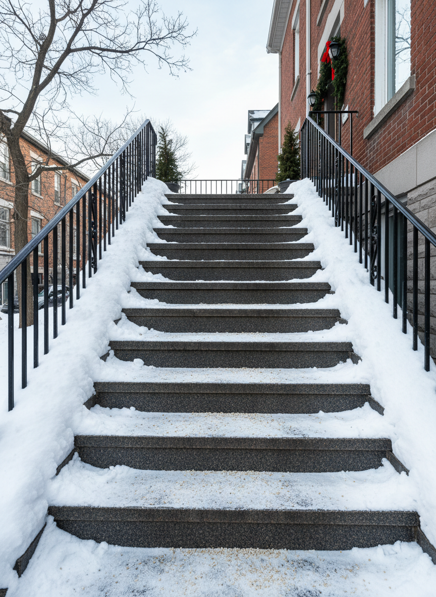A cozy Montreal townhouse entryway in winter, with a wide exterior staircase perfectly cleared of snow and ice. Each dark stone step is neatly edged, with snow pushed into uniform banks along the sides and a thin line of environmentally friendly de-icer evenly scattered, visible as pale granules. A sturdy black metal handrail is free of frost, and the front landing is completely dry. Soft late-morning natural light under a pale sky gives gentle, diffused illumination, with subtle shadows from a nearby bare tree. Photographic realism, shot from a slightly low angle looking upward at the steps, emphasizing safe access and thorough seasonal exterior maintenance, creating a feeling of security, care, and attention to detail for homeowners and tenants.