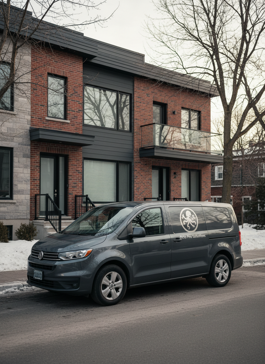 A sleek, dark gray delivery van with a discreet Octo Pro Solutions logo on the side, parked precisely at the curb in front of a modern Montreal duplex. The van’s surface is clean and subtly reflective, showing hints of surrounding brick façades and bare winter trees. Late afternoon overcast light creates soft, even illumination with gentle reflections along the metal panels, no harsh shadows. The sidewalk is clear and dry, bordered by neatly shoveled snowbanks. Photographic realism, shot from a slightly elevated three-quarter front angle with sharp focus throughout, conveying reliability, professionalism, and efficiency in a clean, modern urban setting, with muted, businesslike colors and an overall calm, organized mood.
