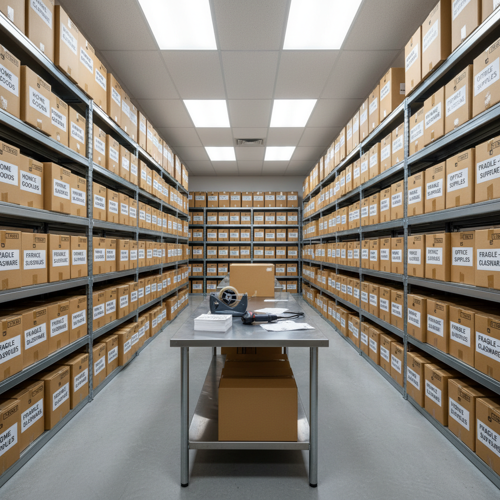 A meticulously organized package staging area inside a small warehouse, with sturdy metal shelving lined with perfectly stacked cardboard boxes of various sizes, each labeled clearly and aligned flush with the shelf edge. The smooth concrete floor is spotless and lightly polished, reflecting a faint sheen from ceiling-mounted LED panels that cast bright, neutral, shadow-free light. In the center, a wide industrial table holds a tape dispenser, shipping labels, and a handheld barcode scanner, all neatly positioned. Photographic realism, eye-level composition with strong linear perspective down the aisle of shelves, crisp focus and minimal background distractions, creating a mood of precision, order, and trustworthy professional parcel handling for residential and business clients.